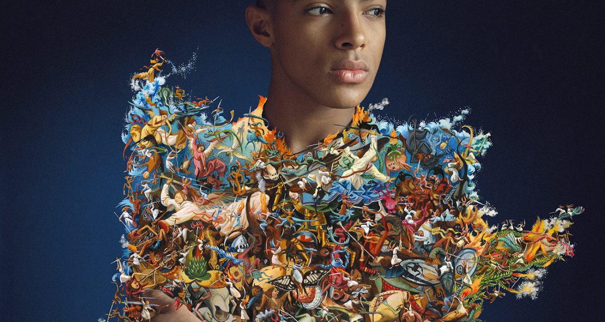 Elene Usdin, Benjamin d’après Brueghel (La chute des anges rebelles), 2017 Peinture acrylique sur tirage pigmentaire, cadre blanc, 65 x 65 cm, pièce unique