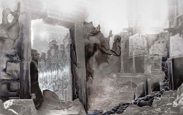 Guénaëlle de Carbonnières, série Creuser l’image Baalbek, porte, 2022 encre et gravure à la pointe sèche sur tirage argentique contrecollage sur aluminium, encadrement boîte et verre antireflet pièce unique - 27 x 32 cm