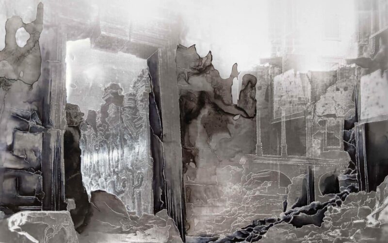 Guénaëlle de Carbonnières, série Creuser l’image Baalbek, porte, 2022 encre et gravure à la pointe sèche sur tirage argentique contrecollage sur aluminium, encadrement boîte et verre antireflet pièce unique - 27 x 32 cm