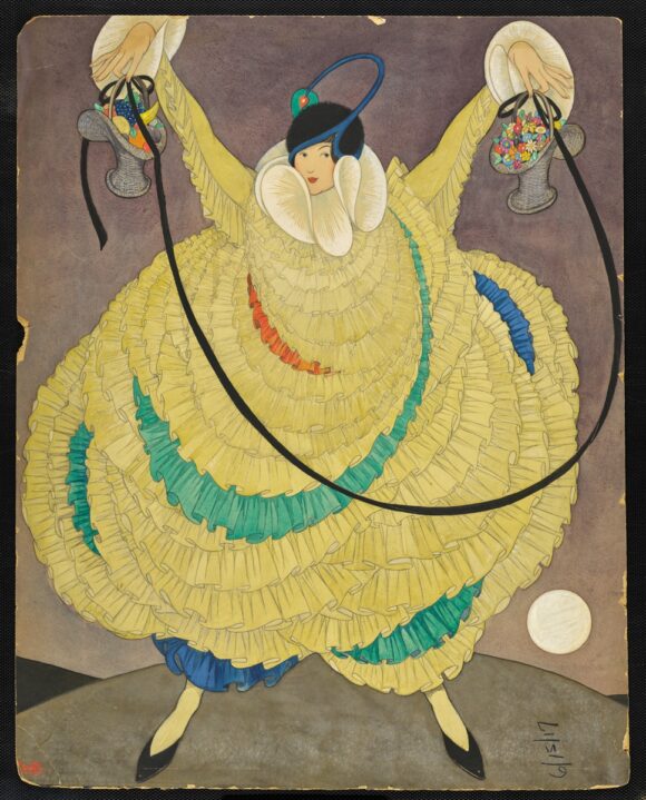 GEORGE WOLFE PLANK, Woman standing in yellow rue gown with large white collar, 1917, Vogue © Condé Nast